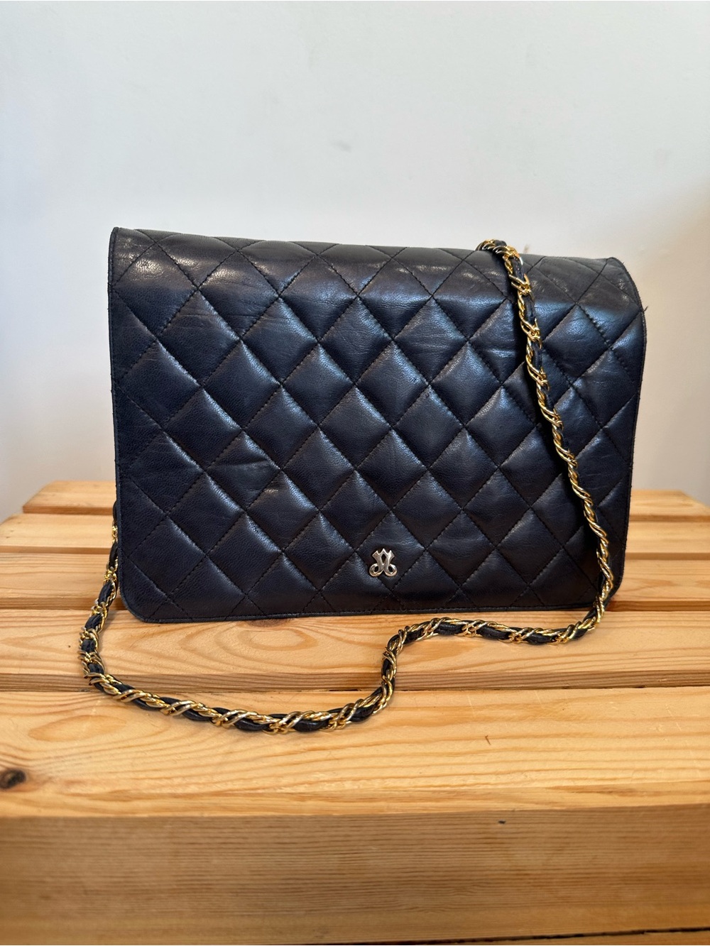 Quilted Navy Leather Crossbody with Gold-Tone Chain